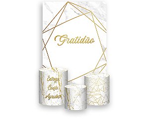 Painel De Festa Vertical 1,50 x 2,20 + Trio De Capas Cilindro - Gratidão Geométrico Dourado 016