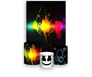 Painel De Festa Vertical 1,50 x 2,20 + Trio De Capas Cilindro - Frequencia Musica Efeito Neon 005