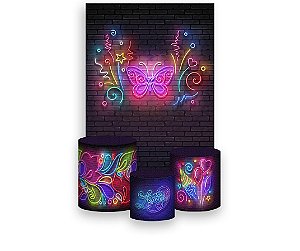 Painel De Festa Vertical 1,50 x 2,20 + Trio De Capas Cilindro - Efeito Neon Party Borboleta 007