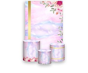 Painel De Festa Vertical 1,50 x 2,20 + Trio De Capas Cilindro - Geométrico Flores Rosa Claro 019