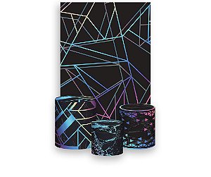 Painel De Festa Vertical 1,50 x 2,20 + Trio De Capas Cilindro - Fundo Preto Linhas Efeito Neon 012