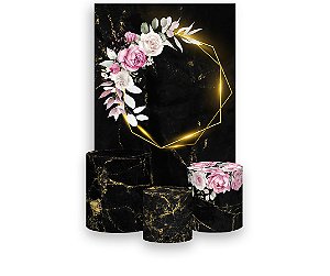 Painel De Festa Vertical 1,50 x 2,20 + Trio De Capas Cilindro - Geométrico Dourado com Flores 024