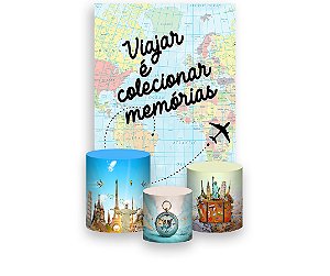 Painel De Festa Vertical 1,50 x 2,20 + Trio De Capas Cilindro - Volta ao Mundo Viajar 011