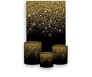 Painel De Festa Vertical 1,50 x 2,20 + Trio De Capas Cilindro - Preto Efeito Glitter Dourado 003