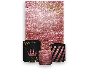 Painel De Festa Vertical 1,50 x 2,20 + Trio De Capas Cilindro - Rosa Metalizado Efeito Glitter 010