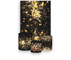 Painel De Festa Vertical 1,50 x 2,20 + Trio De Capas Cilindro - Preto Efeito Luzes Dourado 011