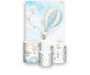 Painel De Festa Vertical 1,50 x 2,20 + Trio De Capas Cilindro - Céu Balões Cute Azul 001
