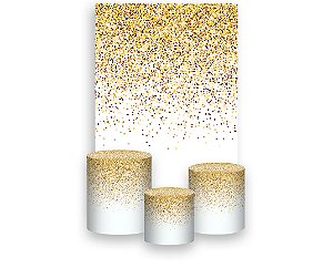 Painel De Festa Vertical 1,50 x 2,20 + Trio De Capas Cilindro - Branco Efeito Glitter Dourado 017