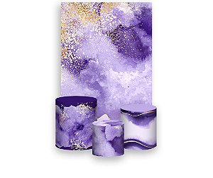 Painel De Festa Vertical 1,50 x 2,20 + Trio De Capas Cilindro - Efeito Marmorizado Lilás e Dourado 019