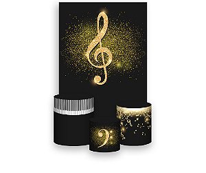 Painel De Festa Vertical 1,50 x 2,20 + Trio De Capas Cilindro - Nota Musical Efeito Glitter Dourado 036