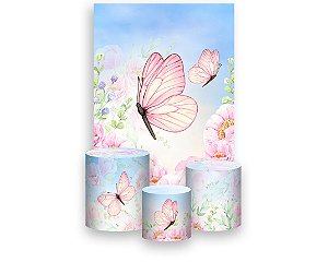 Painel De Festa Vertical 1,50 x 2,20 + Trio De Capas Cilindro - Borboleta com Flor Peônia Azul e Rosa 043