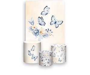 Painel De Festa Vertical 1,50 x 2,20 + Trio De Capas Cilindro - Borboletas Flores Azul Fundo Bege 044