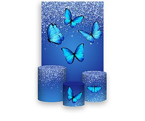 Painel De Festa Vertical 1,50 x 2,20 + Trio De Capas Cilindro - Borboletas Efeito Glitter Azul 045