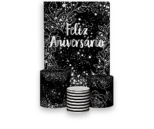 Painel De Festa Vertical 1,50 x 2,20 + Trio De Capas Cilindro - Efeito Brilhos Feliz Aniversário Prateado 002