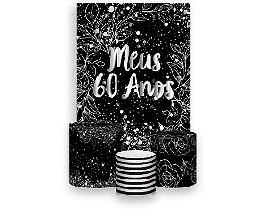 Painel De Festa Vertical 1,50 x 2,20 + Trio De Capas Cilindro - Efeito Brilhos Meus 60 Anos Prateado 071