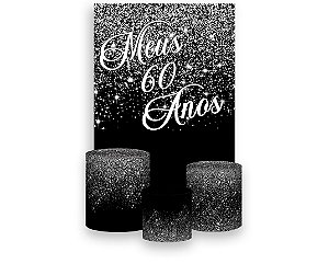 Painel De Festa Vertical 1,50 x 2,20 + Trio De Capas Cilindro - Efeito Glitter Prata 60 Anos 186
