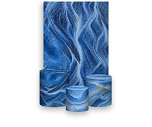 Painel De Festa Vertical 1,50 x 2,20 + Trio De Capas Cilindro - Azul com Branco e Dourado 192