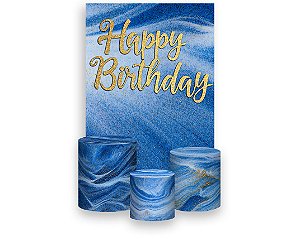 Painel De Festa Vertical 1,50 x 2,20 + Trio De Capas Cilindro - Happy Birthday Azul com Branco e Dourado 193