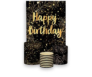 Painel De Festa Vertical 1,50 x 2,20 + Trio De Capas Cilindro - Efeito Brilhos Happy Birthday Dourado 005