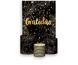 Painel De Festa Vertical 1,50 x 2,20 + Trio De Capas Cilindro - Efeito Brilhos Gratidão Dourado 009