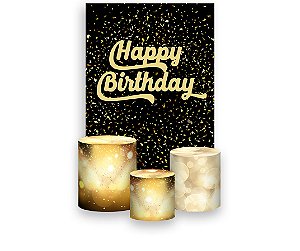 Painel De Festa Vertical 1,50 x 2,20 + Trio De Capas Cilindro - Happy Birthday Confetes Dourados 014