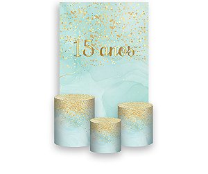 Painel De Festa Vertical 1,50 x 2,20 + Trio De Capas Cilindro - Efeito Glitter Dourado 15 anos 030