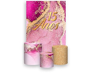 Painel De Festa Vertical 1,50 x 2,20 + Trio De Capas Cilindro - Efeito Mármore Pink com Dourado 15 Anos 040