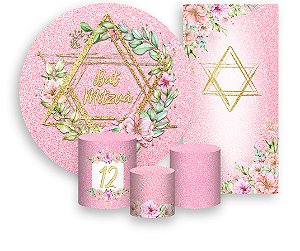 Painel De Festa + Trio De Capas Cilindro + Faixa Veste Fácil - Bar Mitzvá Rosa com Dourado 016