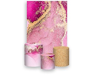 Painel De Festa Vertical 1,50 x 2,20 + Trio De Capas Cilindro - Efeito Mármore Pink com Dourado 052