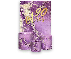 Painel De Festa Vertical 1,50 x 2,20 + Trio De Capas Cilindro - Efeito Mármore Roxo com Dourado 90 Anos 056