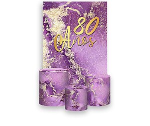 Painel De Festa Vertical 1,50 x 2,20 + Trio De Capas Cilindro - Efeito Mármore Roxo com Dourado 80 Anos 057