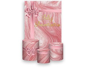Painel De Festa Vertical 1,50 x 2,20 + Trio De Capas Cilindro - Feliz Aniversário Efeito Metálico Rosa 066