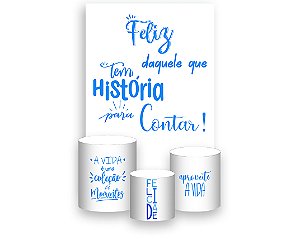 Painel De Festa Vertical 1,50 x 2,20 + Trio De Capas Cilindro - Feliz Aniversário Que tem História 067