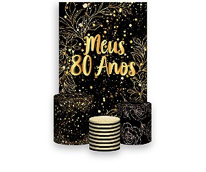 Painel De Festa Vertical 1,50 x 2,20 + Trio De Capas Cilindro - Efeito Brilhos 80 Anos Dourado 077