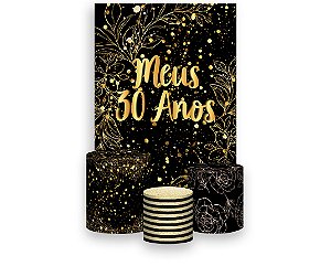 Painel De Festa Vertical 1,50 x 2,20 + Trio De Capas Cilindro - Efeito Brilhos 30 Anos Dourado 081