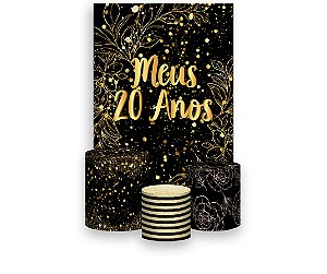 Painel De Festa Vertical 1,50 x 2,20 + Trio De Capas Cilindro - Efeito Brilhos 20 Anos Dourado 082