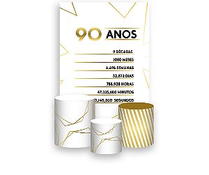 Painel De Festa Vertical 1,50 x 2,20 + Trio De Capas Cilindro - Efeito Geométrico Dourado 90 Anos 085
