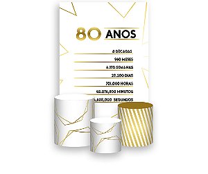 Painel De Festa Vertical 1,50 x 2,20 + Trio De Capas Cilindro - Efeito Geométrico Dourado 80 Anos 086