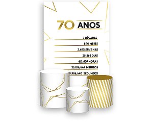 Painel De Festa Vertical 1,50 x 2,20 + Trio De Capas Cilindro - Efeito Geométrico Dourado 70 Anos 087