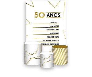 Painel De Festa Vertical 1,50 x 2,20 + Trio De Capas Cilindro - Efeito Geométrico Dourado 50 Anos 089