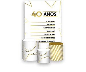 Painel De Festa Vertical 1,50 x 2,20 + Trio De Capas Cilindro - Efeito Geométrico Dourado 40 Anos 090