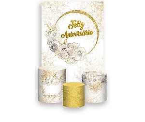 Painel De Festa Vertical 1,50 x 2,20 + Trio De Capas Cilindro - Flores Brancas Feliz Aniversário 100