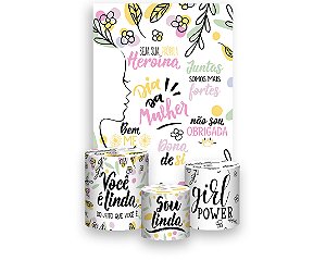 Painel De Festa Vertical 1,50 x 2,20 + Trio De Capas Cilindro - Dia das Mulheres Frases 026