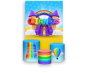Painel De Festa Vertical 1,50 x 2,20 + Trio De Capas Cilindro - Feliz Dia das Crianças Brinquedos 042