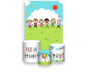 Painel De Festa Vertical 1,50 x 2,20 + Trio De Capas Cilindro - Dia das Crianças Mãos Dadas 050
