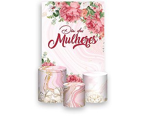 Painel De Festa Vertical 1,50 x 2,20 + Trio De Capas Cilindro - Dia das Mulheres Efeito Mármore Rosa 053