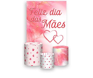 Painel De Festa Vertical 1,50 x 2,20 + Trio De Capas Cilindro - Dia das Mães Corações Rosas 077