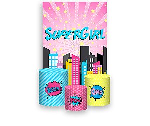 Painel De Festa Vertical 1,50 x 2,20 + Trio De Capas Cilindro - SuperGirl HQ Cute 004