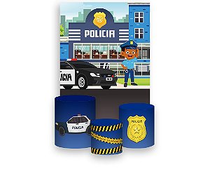 Painel De Festa Vertical 1,50 x 2,20 + Trio De Capas Cilindro - Policial Cute 006