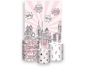 Painel De Festa Vertical 1,50 x 2,20 + Trio De Capas Cilindro - Super Heroína Rosa 014